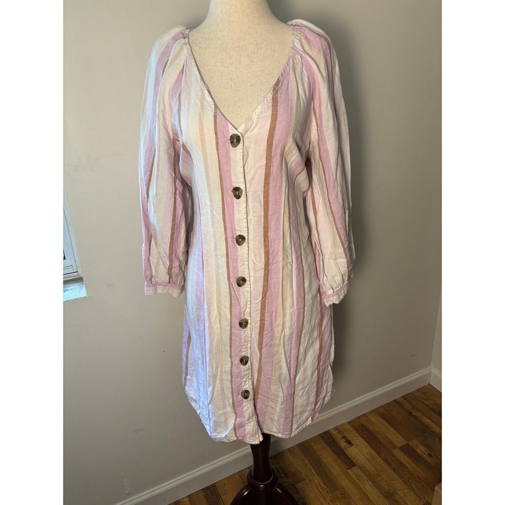 EST 1946 Striped Linen Blend Dress Button‎ Front Pink Boho Coastal Pastel Beachy